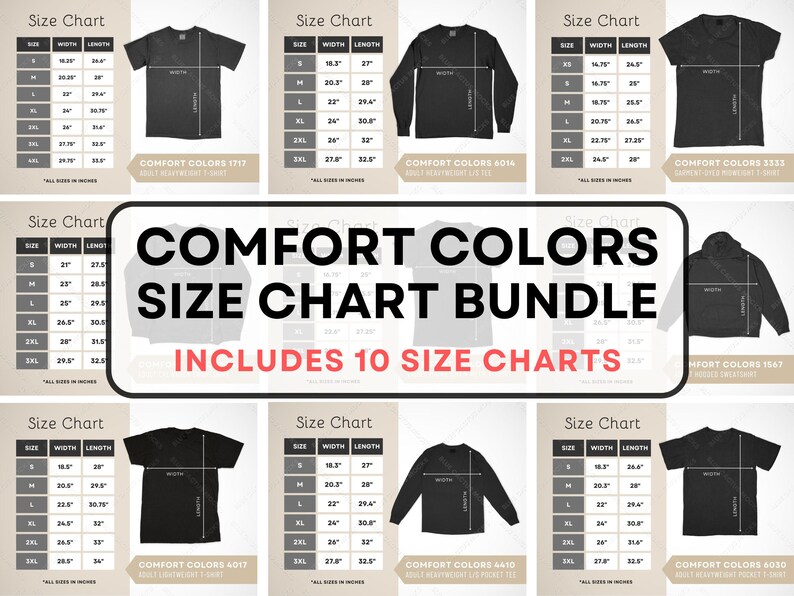 Comfort Colors Size Chart Bundle 10 Sizing Guide Options for 6014