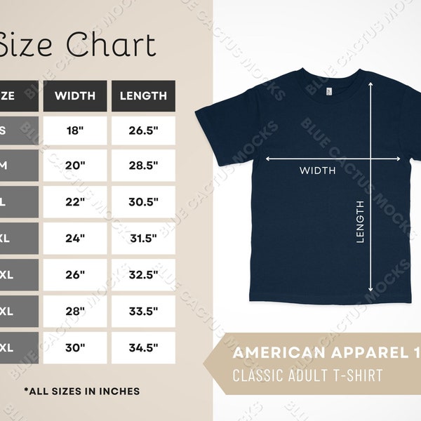 American Apparel 1301 Size Chart, Sizing Guide for Classic Adult Short Sleeve Tee, JPG Design Template, T Shirt Mockup Gallery Photo