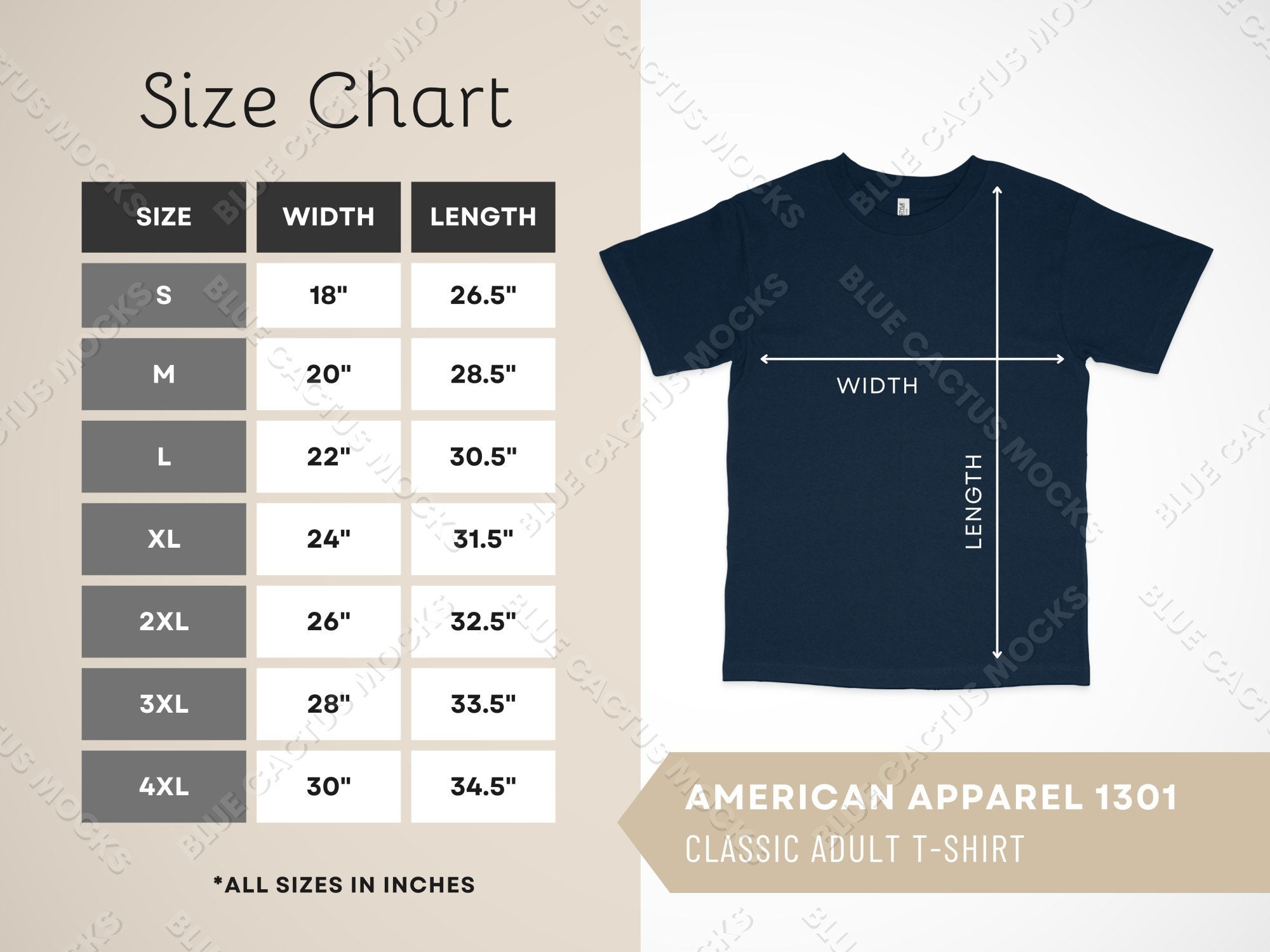 American Apparel 1301 Size Chart, Sizing Guide for Classic Adult Short  Sleeve Tee, JPG Design Template, T Shirt Mockup Gallery Photo