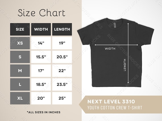 Next Level 3310 Size Chart T-shirt Sizing Guide for Youth - Etsy