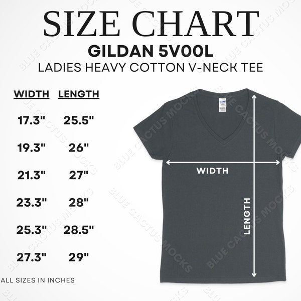 Gildan 5V00L Size Chart, T-Shirt Sizing Guide for Heavy Cotton Ladies V-Neck Tee, JPG Design Template, 5V00L Mockup Gallery Photo