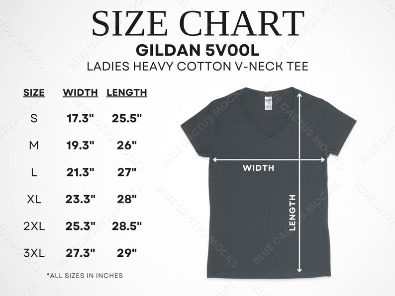 Gildan 5V00L Size Chart, Tshirt Sizing Guide for Heavy Cotton Ladies Vneck Tee, JPG Design