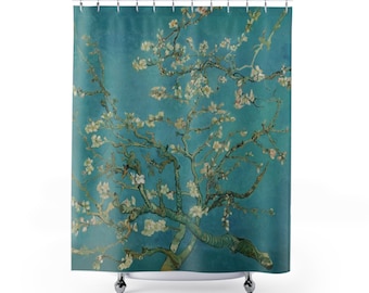 May include: A shower curtain featuring a painting of a blooming almond tree with white blossoms against a teal blue background. The painting is reminiscent of the style of Vincent van Gogh.