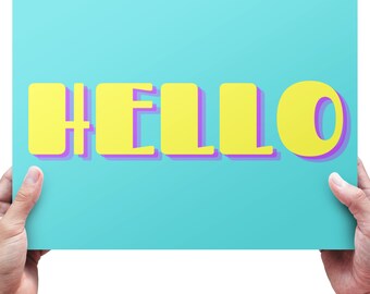 Bright Yellow and Teal Playful Hello Wall Art |Digital Print