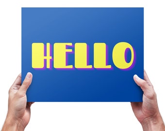 Hello Print: Bold Yellow on Blue, Modern Wall Art (Digital Download