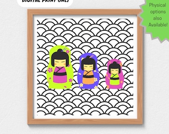 Impresión de muñeca Kokeshi imprimible, arte de kimono japonés, decoración asiática moderna