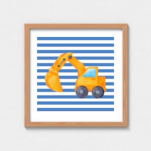 Yellow Excavator on Blue Stripes Printable Wall Art, Digital File Only