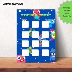 Peut inclure: Un tableau d'autocollants bleu avec des monstres de dessins animés colorés et le texte "STICKER CHART" en vert. Le tableau comporte 12 carrés vierges pour les autocollants. Le texte "DIGITAL PRINT ONLY" est en haut. Une étoile verte dit "Physical options also Available!"