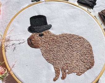 Capybara in Top Hat Embroidery Pattern - Fun Animal Design