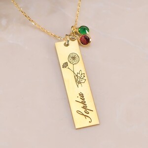 Birth Month Flower Name Necklace with Birthstone, Personalized Birth Flower Name Necklace, Dainty Birth Flower Name Necklace, Christmas Gift