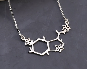 Serotonin Halskette in 925 Sterling Silber, Gold Molekular Anhänger, Geschenk für Sie, Glück Halskette, Wissenschaft Schmuck, Chemie Anhänger