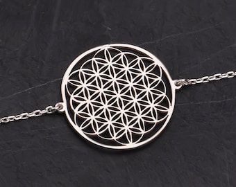 Pulsera de plata con flor de la vida, delicada pulsera de yoga, pulsera de geometría sagrada, joyería geométrica espiritual dorada, mandala, regalo personalizado para ella