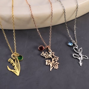 Silver Birthflower Necklace Dainty Birth Month Flower Necklace with Birthstone Gold Flower Jewelry Personalized Christmas Gift for Her Mom