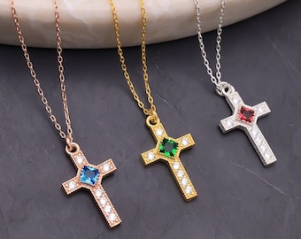 Cross Birthstone Necklace, Personalized Cross Necklace, Dainty Christian Necklace, Sterling Silver Dainty Cross Pendant, Gold Religious Gift