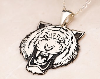 Tiger Necklace, 925 Sterling Silver Tiger Head Pendant, Wild Tiger