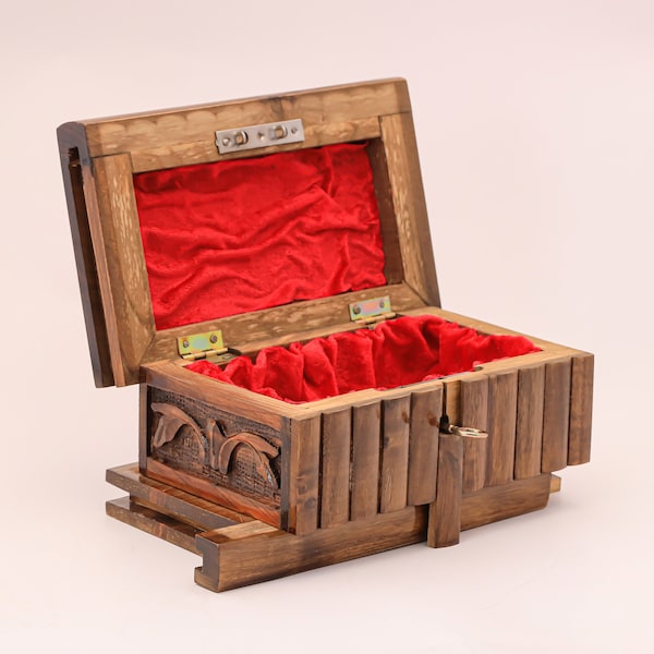 Walnut Puzzle Box with Hidden Key, Wooden Puzzle Box, Walnut Secret Lock Box, Hand Carved Jewelry Box, Vintage Treasure Box, Combination Box