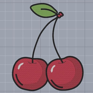May include: Embroidered design of two red cherries with black stems and outlines, and a green leaf. The cherries have a white highlight and are set against a gray grid background. The design is likely for a patch or embroidery project.
