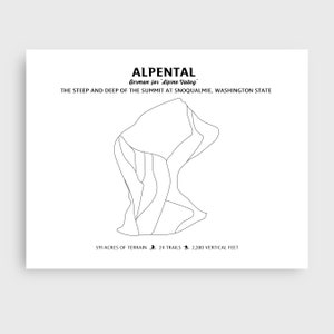 Kaart skipistes Alpental | Moderne minimalistische digitale print | Pistekaart met skibergstatistieken, ingelijst kunstwerk voor aan de muur