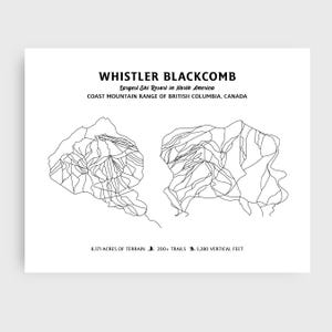 Mapa de pistas de esquí de las montañas Whistler Blackcomb / Impresión digital minimalista moderna / Mapa de pistas con estadísticas de las montañas de esquí, obra de arte para la pared