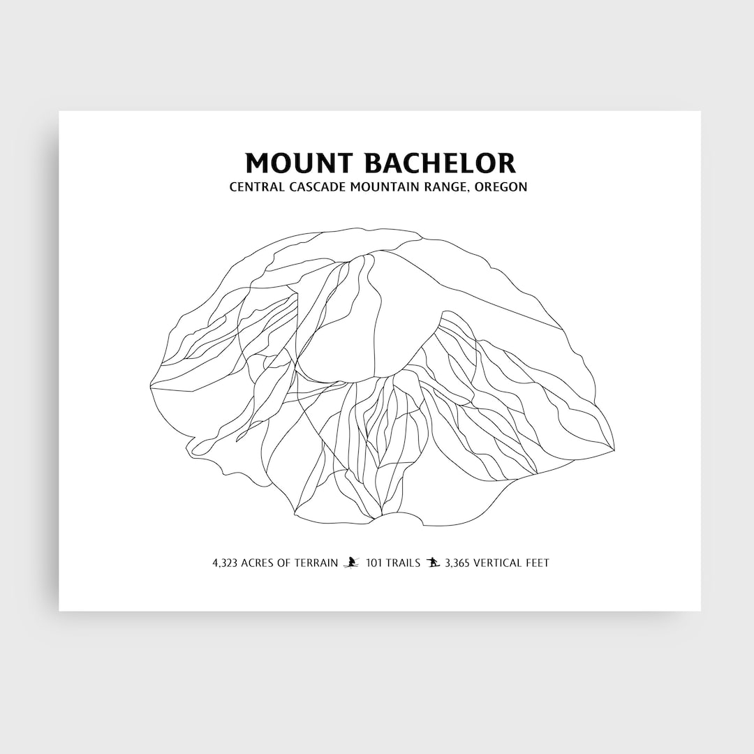 Mount Bachelor Mountain Ski Trail Map Modern Minimalist Digital Print