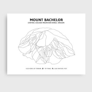 Mount Bachelor Bergskispur Karte | Moderne minimalistische Digitaldruck | Karte mit Skibergen Statistik, ungerahmtes Kunstwerk für die Wand