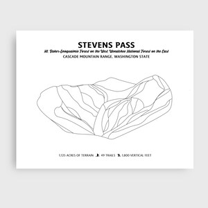 Stevens Pass Mountain Skispur Karte | Moderne minimalistische Digitaldruck | Karte mit Skibergen Statistik, ungerahmtes Kunstwerk für die Wand