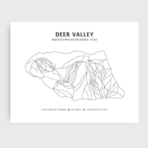 Deer Valley Mountain Skitrail Karte | Moderne minimalistische Digitaldruck | Karte mit Skibergen Statistik, ungerahmtes Kunstwerk für die Wand