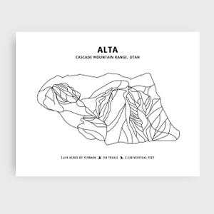 Alta Mountain Skispur Karte | Moderne minimalistische Digitaldruck | Karte mit Skibergen Statistik, ungerahmtes Kunstwerk für die Wand