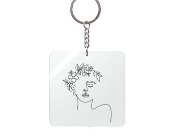 Floral Line Art Face Keychain | Square Acrylic Keychain, Minimalist Botanical Portrait