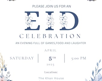 May include: An invitation for an Eid celebration with watercolor lanterns and floral accents. The invitation includes the text "PLEASE JOIN US FOR AN EID CELEBRATION" and event details for April 5th, 2025.
