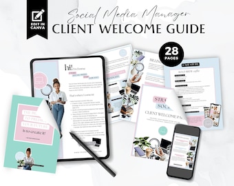 Paquete de bienvenida para clientes de Social Media Manager, plantillas de Canva editables, servicios de portafolios, guía de precios, estudios de casos, Fun Pastel, BB2503A