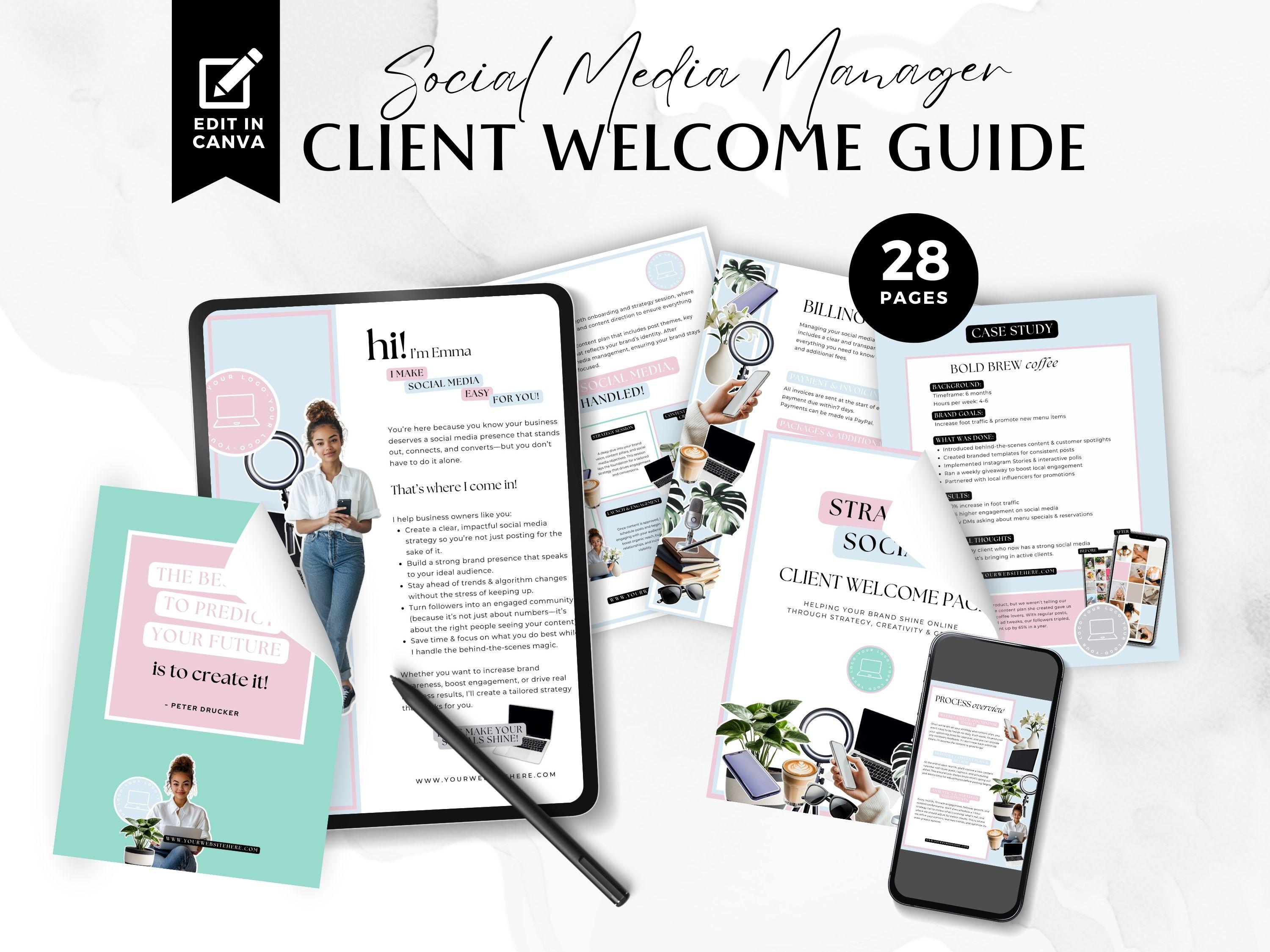 Social Media Manager Client Welcome Packet, Editable Canva Templates, Portfolio Services, Pricing Guide, Case Studies, Fun Pastel, BB2503A