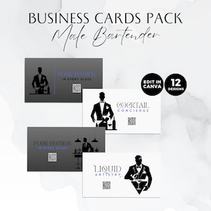 Mobile Barkeeper Visitenkarten, DIY QR Code individuell anpassbar, modern, schwarz, blau, Getränke, Canva Vorlage, Cocktail SVG, männlich, BB006