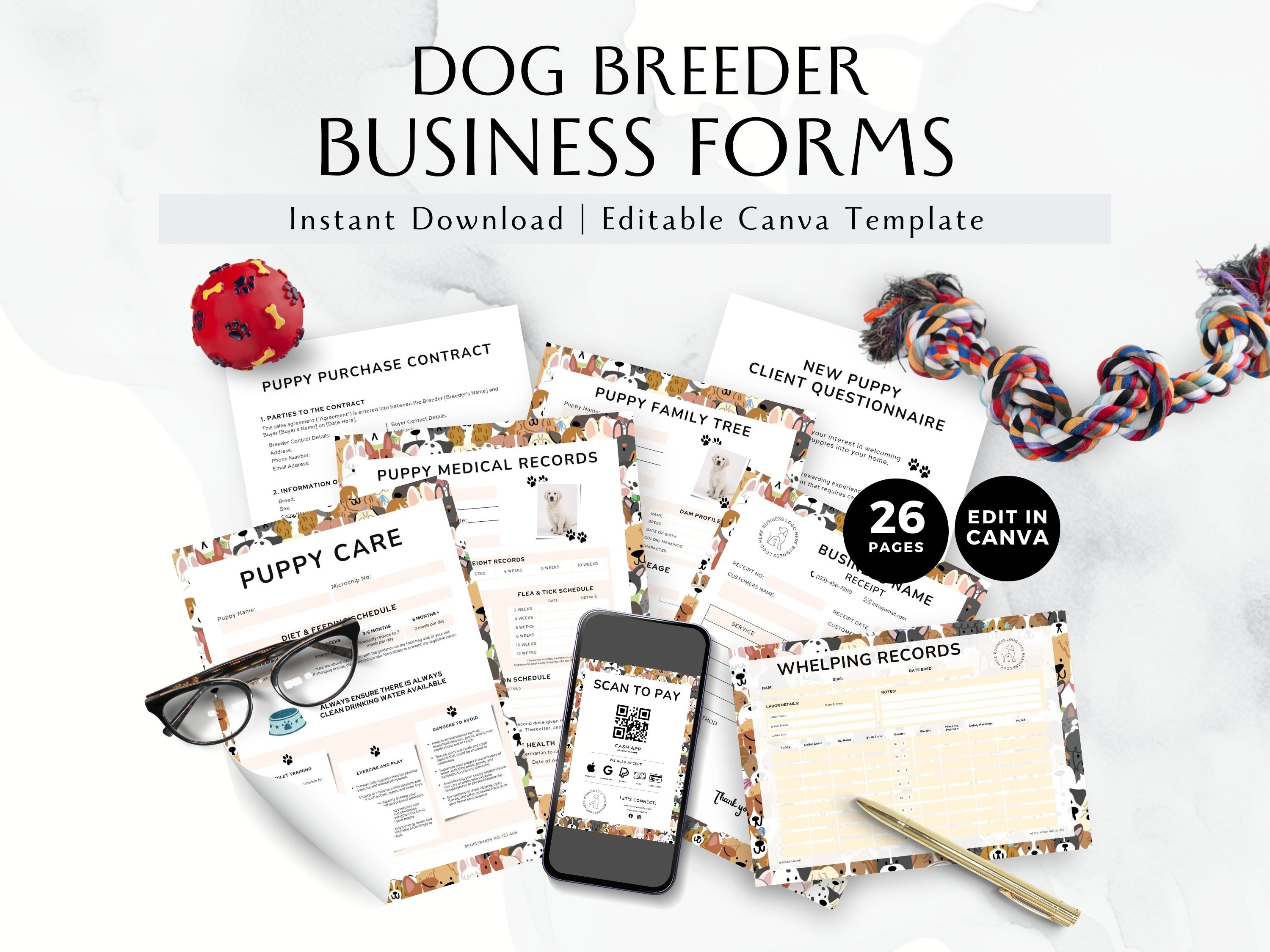 Hundezüchter-Schreibarbeit, Welpen-Pack-Formulare, bearbeitbare Canva-Vorlagen, Hundezuchtvertragsvereinbarung, Wurftabelle, Welpenverkauf, BB012