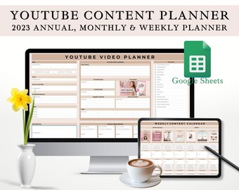 Google Sheets Youtube Planner, Social Media Planner Spreadsheet, Neutral Beige, 2023 Content Planner, Digital Planner, Video Planner