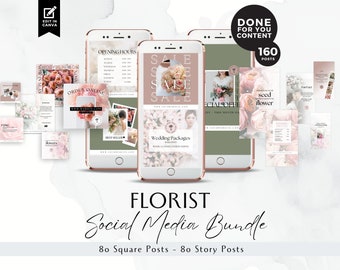 May include: A social media bundle for florists with 160 pre-designed posts. The bundle includes 80 square posts and 80 story posts. The posts feature a pink and green color scheme with floral designs and text overlays. The text includes phrases like "Opening Hours", "Order Online", "Sale", "Wedding Packages", "Special Offer", and "Seed Flower".