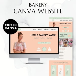 May include: A computer screen displaying a website template for a bakery. The website is pink and green with the text "Little Bakery Name" and "Sweet Tooth Pleaser". The website also includes a photo of a baker and a section for services and custom packages.