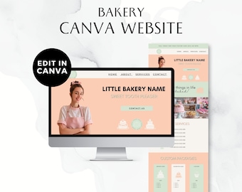 May include: A computer screen displaying a website template for a bakery. The website is pink and green with the text "Little Bakery Name" and "Sweet Tooth Pleaser". The website also includes a photo of a baker and a section for services and custom packages.