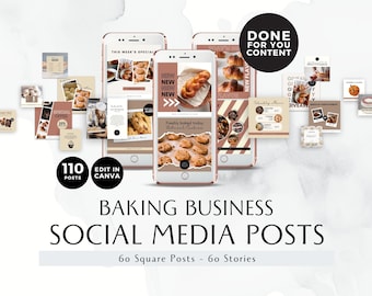 May include: A set of 110 social media posts for a baking business. The posts are designed in a modern style with a brown and white colour scheme. The posts include images of baked goods, such as cookies, bread, and pastries. The text on the posts includes phrases like "This Week's Special", "New Flavours", and "Weekly Menu".