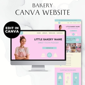 Puede incluir: Una maqueta de sitio web para una panadería llamada "Little Bakery Name" con un esquema de color rosa y amarillo. El sitio web presenta una foto de un panadero, un formulario de contacto y una sección para paquetes personalizados.