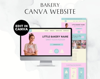 May include: A website mockup for a bakery called "Little Bakery Name" with a pink and yellow color scheme. The website features a photo of a baker, a contact form, and a section for custom packages.