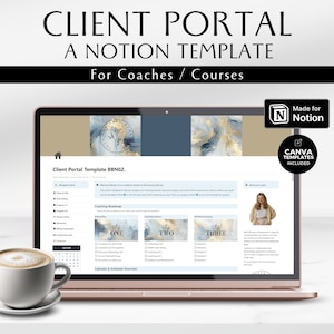 Puede incluir: Un ordenador portátil que muestra una plantilla de portal de clientes de Notion con un fondo abstracto azul y dorado. La plantilla incluye secciones para la hoja de ruta de coaching, sesiones de coaching, aprendizaje autoguiado, descripción general del calendario y el horario, y un mensaje de bienvenida. El texto "Client Portal Template BBN02." es visible en la parte superior de la pantalla.