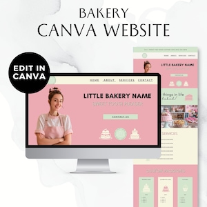 May include: A pink and white website template for a bakery. The website features a photo of a baker, the bakery's name, and a contact form. The website also includes a section for services and custom packages.