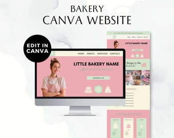 May include: A pink and white website template for a bakery. The website features a photo of a baker, the bakery's name, and a contact form. The website also includes a section for services and custom packages.