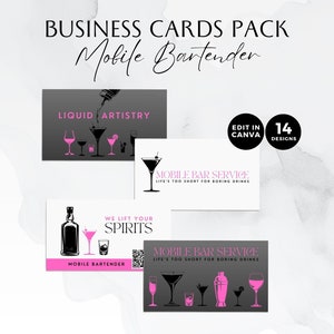 Mobile Barkeeper Visitenkarten, Kontaktkarte, DIY QR Code personalisierbar, modern, schwarz, pink, Getränke, Canva Template, SVG Cocktail, BB006