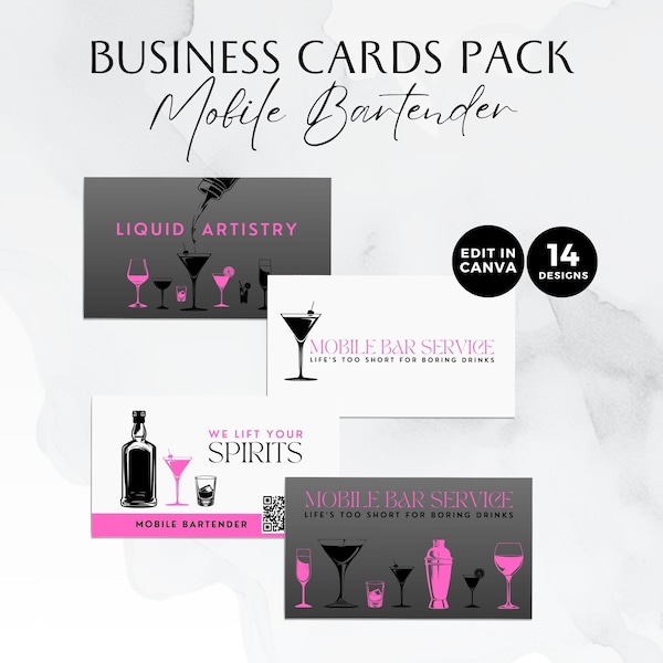 Mobile Bartending Business Cards, Contact Card, DIY QR Code Customizable, Modern, Black, Pink, Drinks, Canva Template, SVG Cocktail, BB006