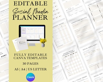 May include: A digital planner for social media with 30 pages, fully editable in Canva. The planner includes templates for content planning, competition analysis, giveaway tracking, social media audit, and more. The planner is available in A5, A4, and US Letter sizes.