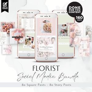 Può includere: Un pacchetto di social media rosa e bianco per fioristi con 160 post, tra cui 80 post quadrati e 80 post di storie. Il pacchetto include immagini di fiori, pacchetti di nozze e orari di apertura.