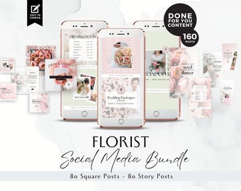Florist Instagram Template Bundle, Flower Shop Insta Posts and Story Canva Templates, Wedding Florist Marketing, Pink, Green, BB017