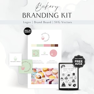 Modèle de marque Canva pour boulangerie, kit de tableau d'ambiance de marque, logo DIY, entreprise de boulangerie à domicile, autocollant numérique, pâtissier de cupcakes, dessert, BB008